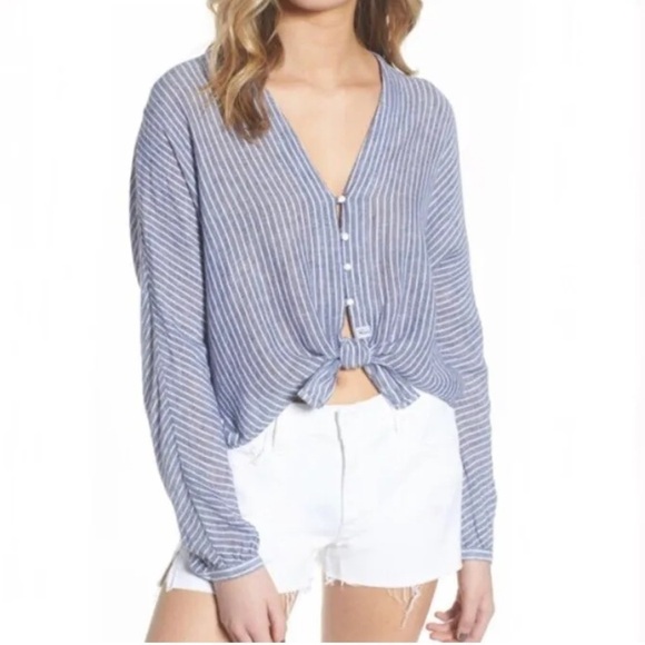 Rails Sloane Terrenas Stripe Tie Front Linen Shirt  Blue White Size Large - Picture 1 of 8